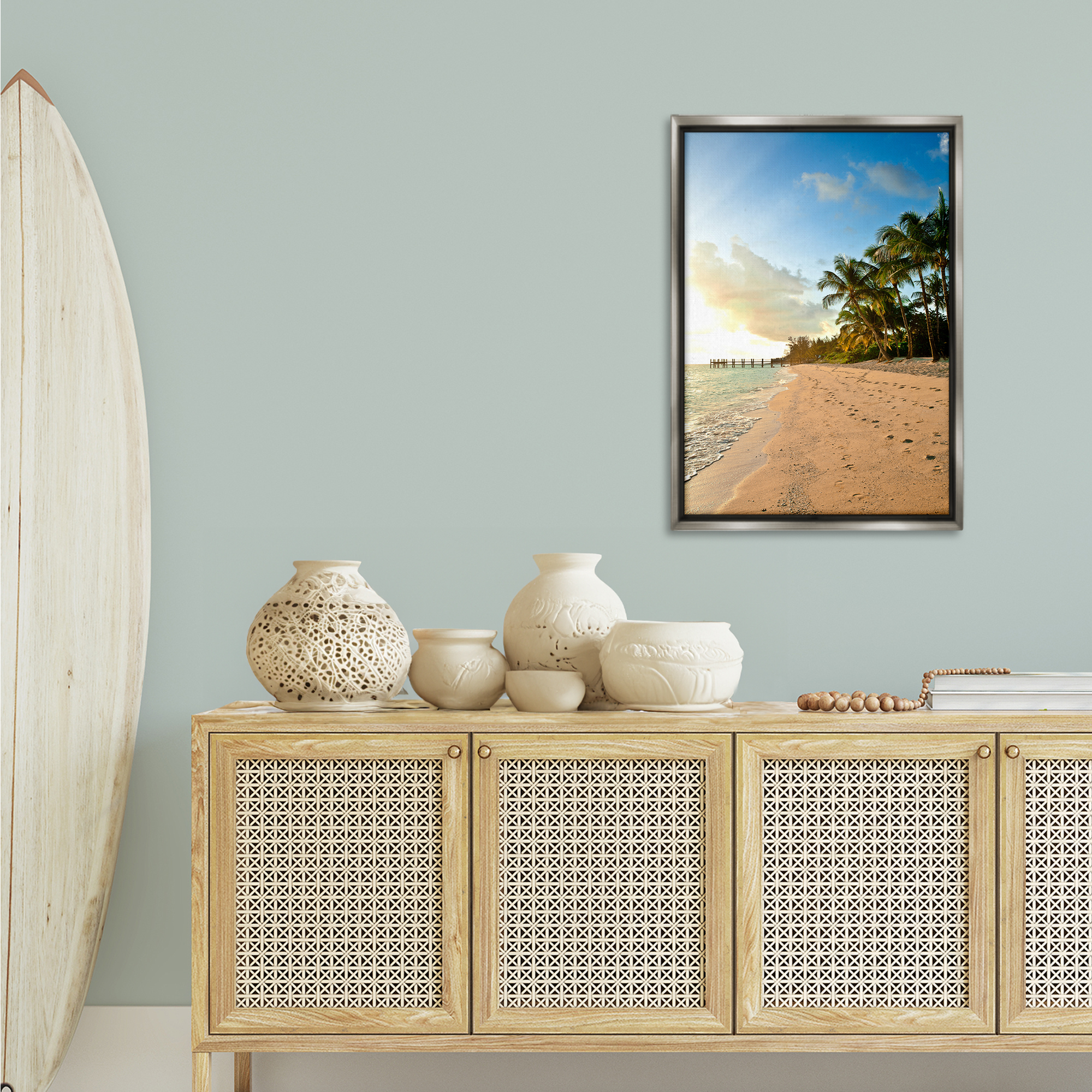 Stupell Industries Sandy Footprints Shore Coastal Photography Gray Floater Framed Canvas Art Print Wall Art, 21 x 31