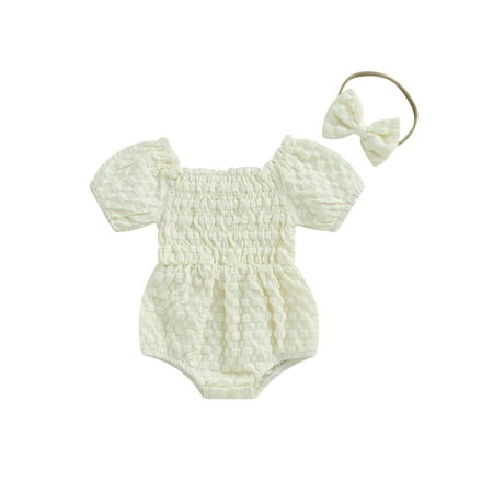 

Newborn Baby Girls Romper Set Short Sleeve Off-shoulder Bodysuit with Bowknot Headband Summer Outfit
