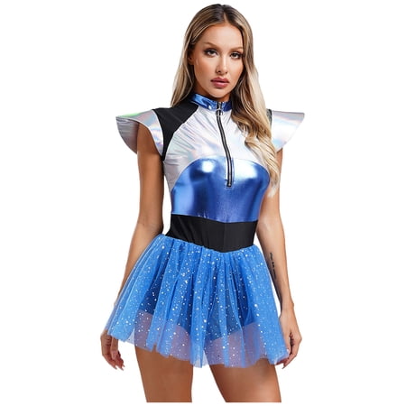 Doomiva Alien Costume for Women Sequined Tulle Skirt Jumpsuit Rave Party Dress Halloween Space Cadet Blue L