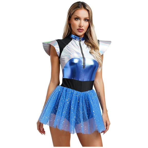 Doomiva Alien Costume for Women Sequined Tulle Skirt Jumpsuit Rave Party Dress Halloween Space Cadet Blue S