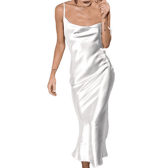 Women's Spaghetti Strap Midi Satin Silk Dresses Slip Cowl Neck Party Cocktail Evening Dress White XS