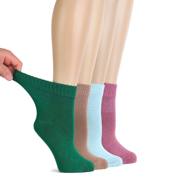 HUGH UGOLI Women Diabetic Ankle Socks, Super Soft , Thin Bamboo Socks, Wide , Loose, Non-Binding Top , Seamless Toe, 4 Pairs,C.Green/M.Coffe/S.Blue/Rosewood, Shoe Size: 10-12