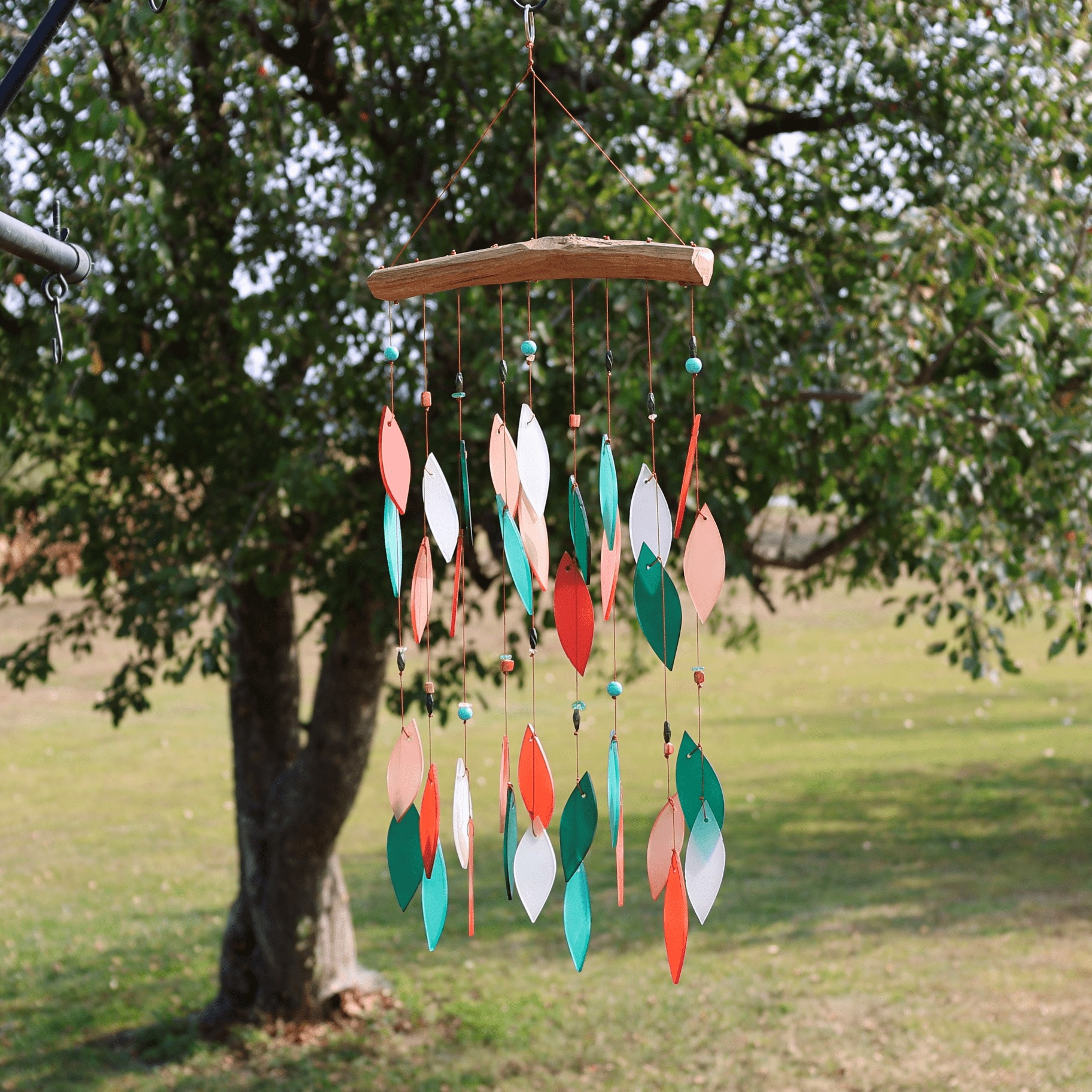 Blue Handworks Coral and Teal Beaded Glass & Driftwood Wind Chime - Sandblasted Glass and Found Wood Handcrafted Outdoor and Garden Windchime