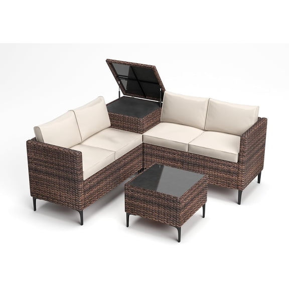 4-Piece All-Weather PE Rattan Patio Sectional Furniture Set with Loveseat Sofa & Coffee Table with Storage for Backyard Poolside Porch Conversation – Brown and Beige