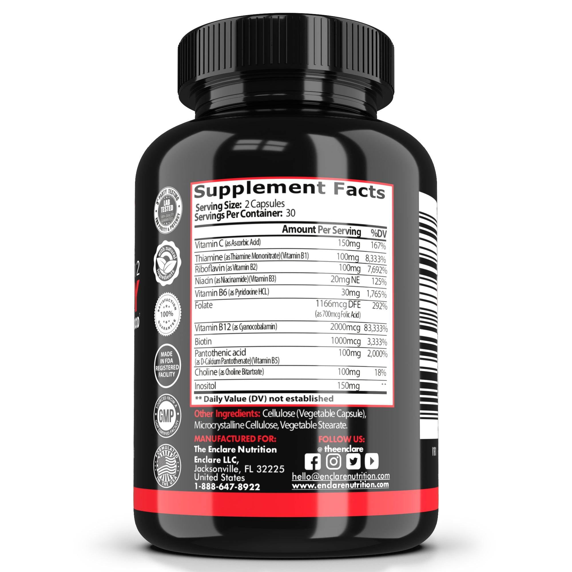 Vitamin B12 2000 mcg 60 Capsules, Vitamin B Complex Energy Supplement, Metabolism Booster with Vitamin B-12, B6, B7 as Biotin, B3 as Niacin, Folic Acid, B1, B2, B5, B9 & Vitamin C - 60 ct with Box