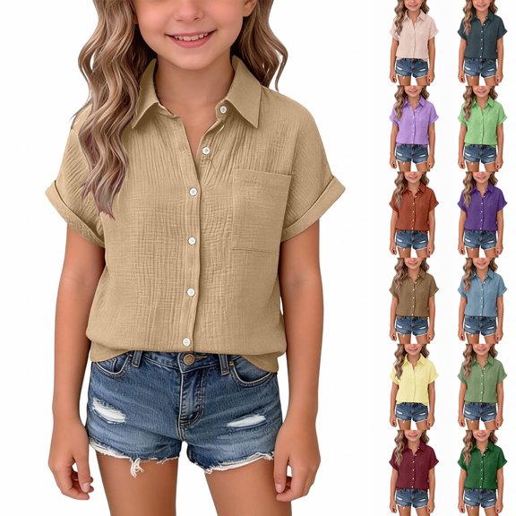 Dwellite Girls Button Down Shirts Summer Short Sleeve Dress Shirts School Uniform Blouse 3-15 Years Dark Purple 150