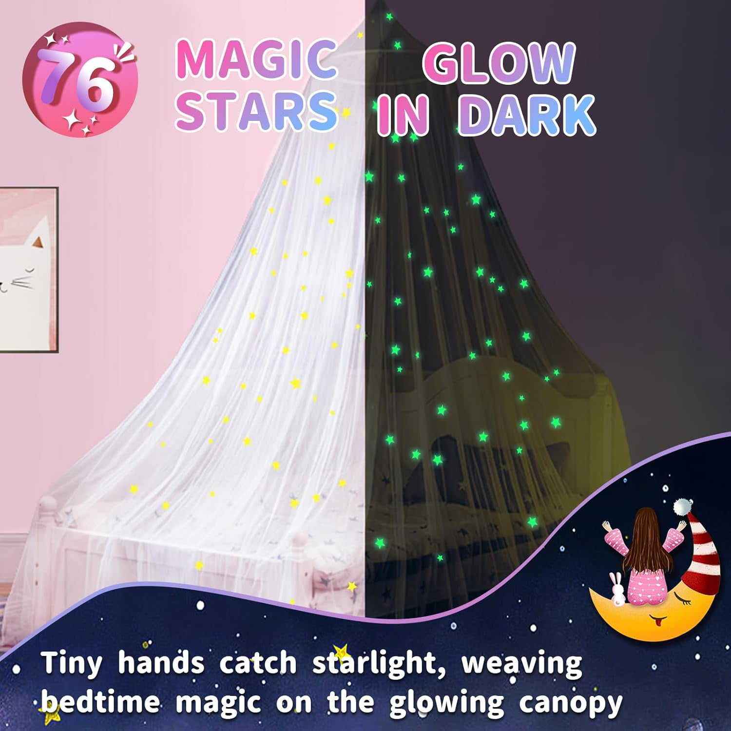Bed Canopy for Girls with Glowing Stars, Princess Canopy Bed Curtains for Kids, Starry Net Canopy for Girls Room Decor, Kids Bed Canopy for Single, Twin, Full, Queen Size Bed