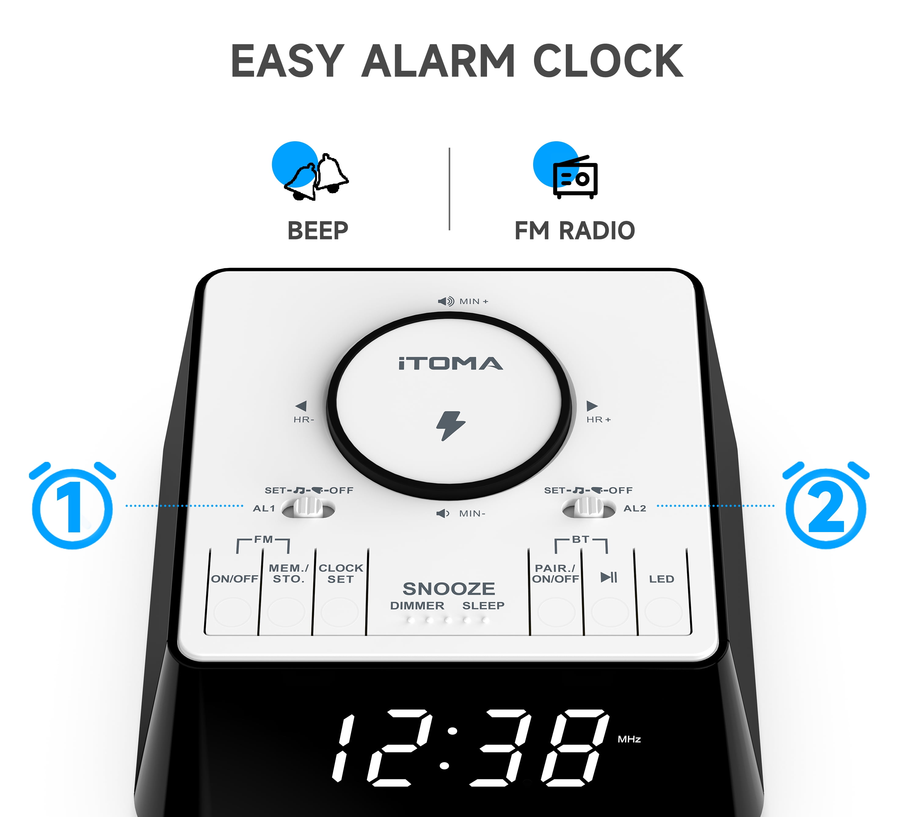 Alarm Clock with Wireless Charging, Clock Radio with Bluetooth Speaker, Dual Alarm with Snooze, USB Charging, Night Light and Dimmable Display iTOMA