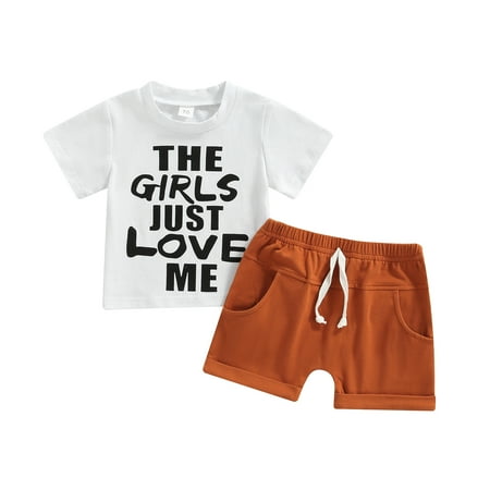 

Musuos Baby Boys 2PCS Pants Set Short Sleeve Letter Print O-Neck T-Shirt + Plain White Straps Short Pants Toddler Boys Summer Clothes