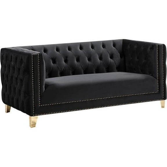 Maklaine Upholstery Contemporary Velvet and Iron Loveseat in Black
