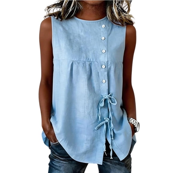 Miluxas Women's Lightweight Side Lace Up Sleeveless Blouse Summer Solid Round Neck Loose Fit Tunic Tank Tops Blue