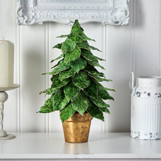 Nearly Natural16 Mini Velvet Christmas Tree in Golden Planter