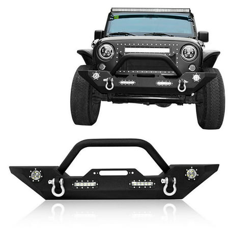 Jeep Wrangler Front Bumper, Rock Crawler Bumper w/Winch Plate & LED Accent Lights for 2007-2018 Wrangler JK &