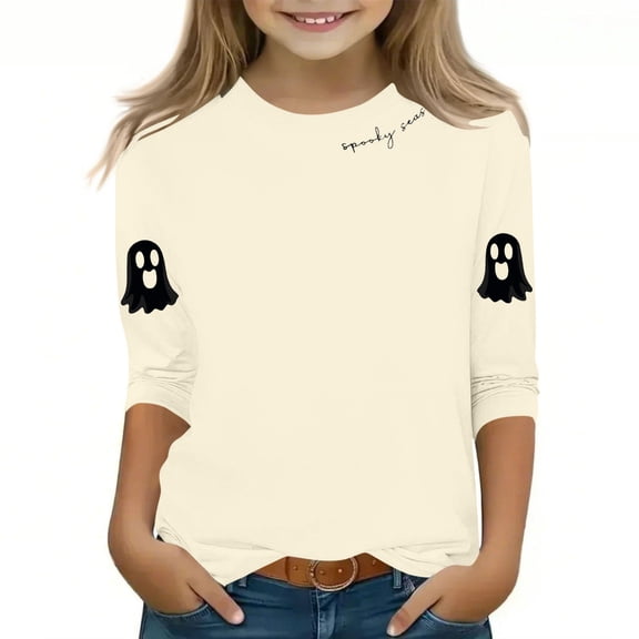 IUYRTFE Kids Halloween Print 3/4 Sleeve Round Neck Shirt Soft Comfortable Breathable Top for Girls Casual Party Wear Cute Daily Leisure for Birthday Christmas(Beige,9-10 Years)