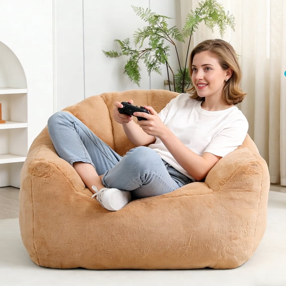 HSUNNS Bean Bag Chair for Adults, Faux Fur, Side Pocket, Comfy Bean Bag Sofa with Memory Foam Filled, Armrest Lazy Sofa Lounge Chair for Living Room, Brown