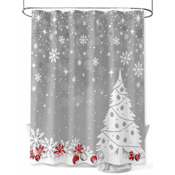 Fsddascl Grey Christmas Tree Shower Curtain Set - Long 72" x 84" Washable Bathtub Curtain with 12 Hooks, Xmas Tree Snowflake Red Balls Waterproof Fabric Stall Shower Curtains for Bathroom/Bathtub