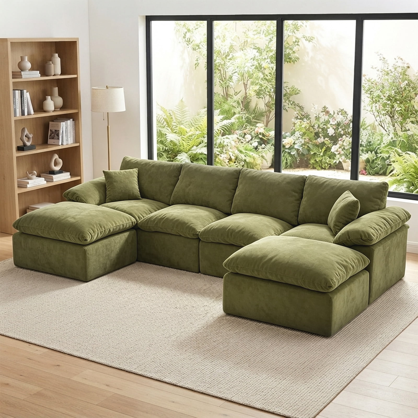 Aisword 130" Modular Sectional Sofa,Oversized Cloud Couch with Movable Ottoman,U-Shaped Convertible Boneless Sofa,Deep Seat Chenille Sectional Couch for Living Room,Green