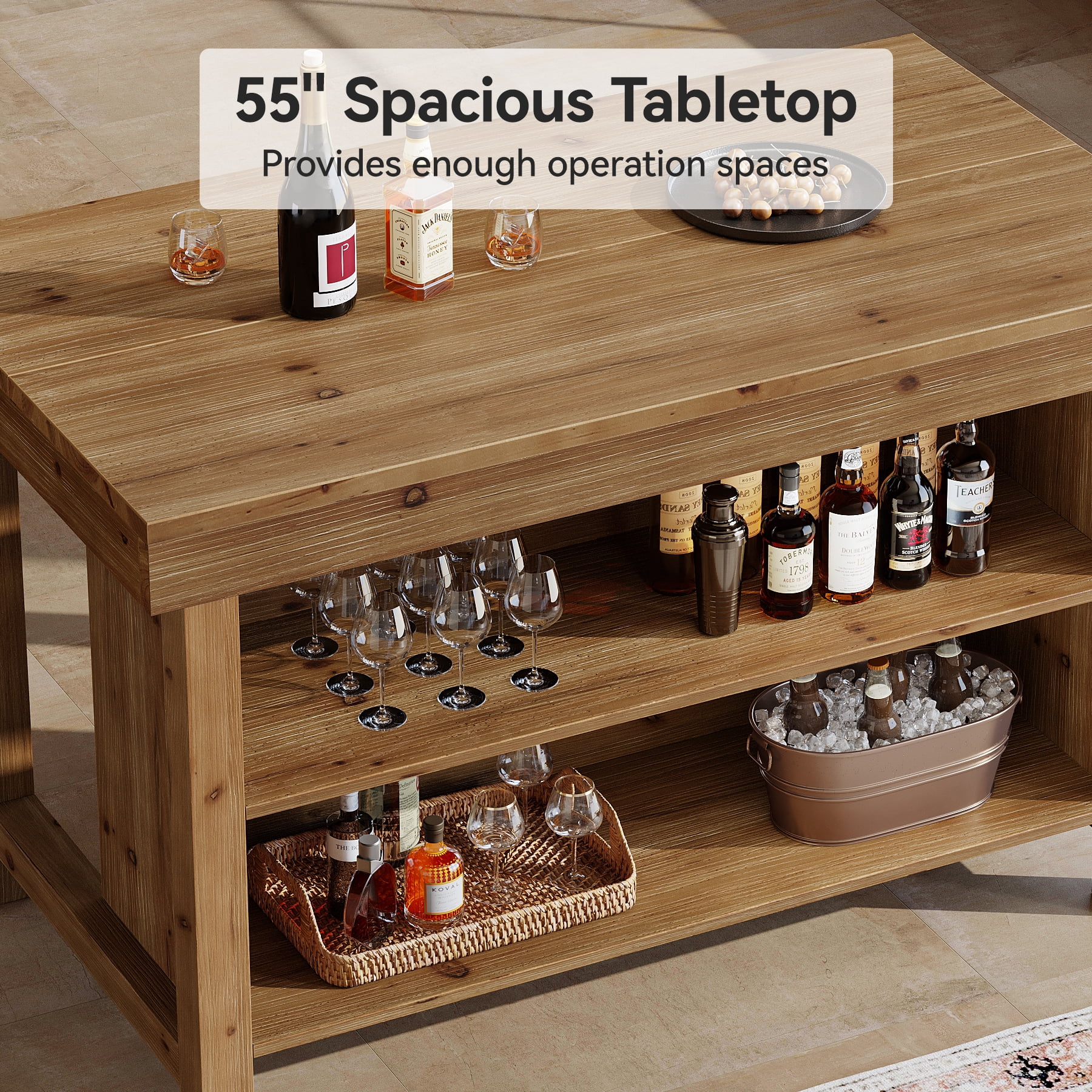 Fnova 55" Solid Wood Bar Cabinet, 3-Tier Farmhouse Home Bar Unit with Open Storage Shelves for Dining Room, Living Room, Basement, Brown