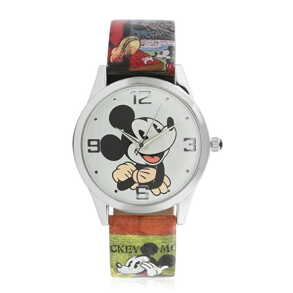 DISNEY Mickey Mouse Large Face Green Brown Comic Printed Strap Watch - MK5424LA
