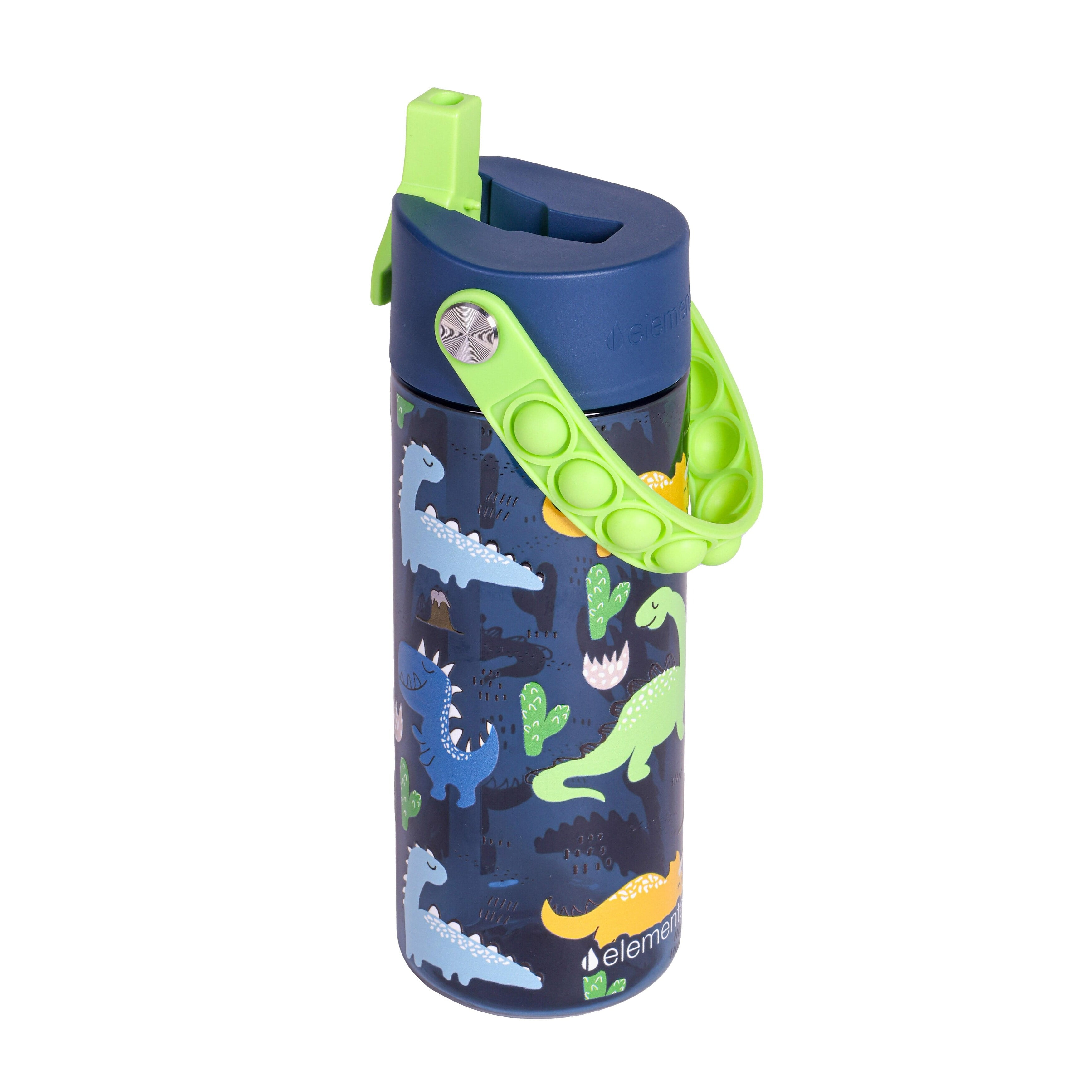 Elemental Splash Kids Water Bottle - Plastic Water Bottle - BPA Free - Leak Proof - Straw Lid - Pop-it Handle - Durable - For Girls, Boys & School Reusable Water Bottle - 18oz - Dinosaur Navy
