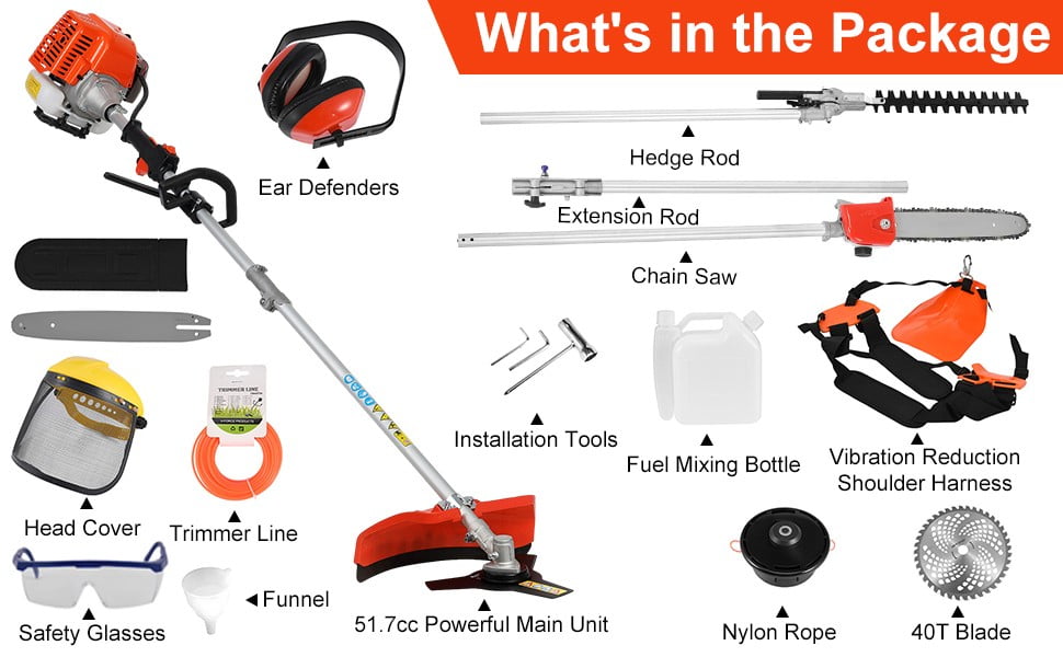 Floseru 52cc 2-Cycle Gas Weed Eater Gas Powe, 5-in-1 Gas Weed Wacker, Brush Cutter Gas Trimmer for Grass and Weed, Hedge Trimmer Gas String Trimmer, Edger, Pole Saw & Pruner