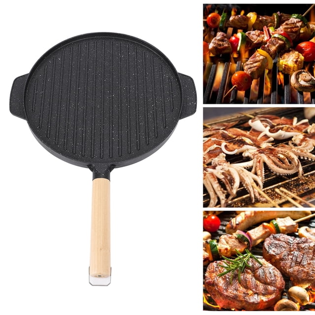 BBQ Grill Pan,Round Grill Plate Portable Cooking Pan Cast Iron Grill Pan Versatile Double Sided for Meat Pizza Breakfast