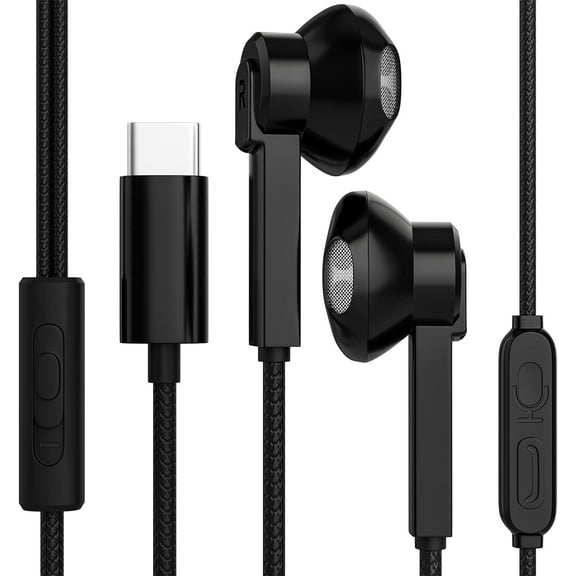 USB Type-C Headphones Wired in-Ear Earphones Remote Mic Earbuds (1 Pack, Black)