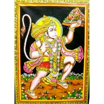 Crafts of India Flying Lord Hanuman Cotton Wall Hanging Painting : Size 43"x30" Inches