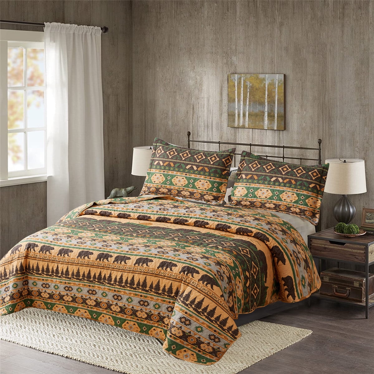 Beartech Quilt Set Queen Size Rustic Forest Bear Pattern Quilt Lightweight Reversible Microfiber Bedspread Coverlet Bedding Set