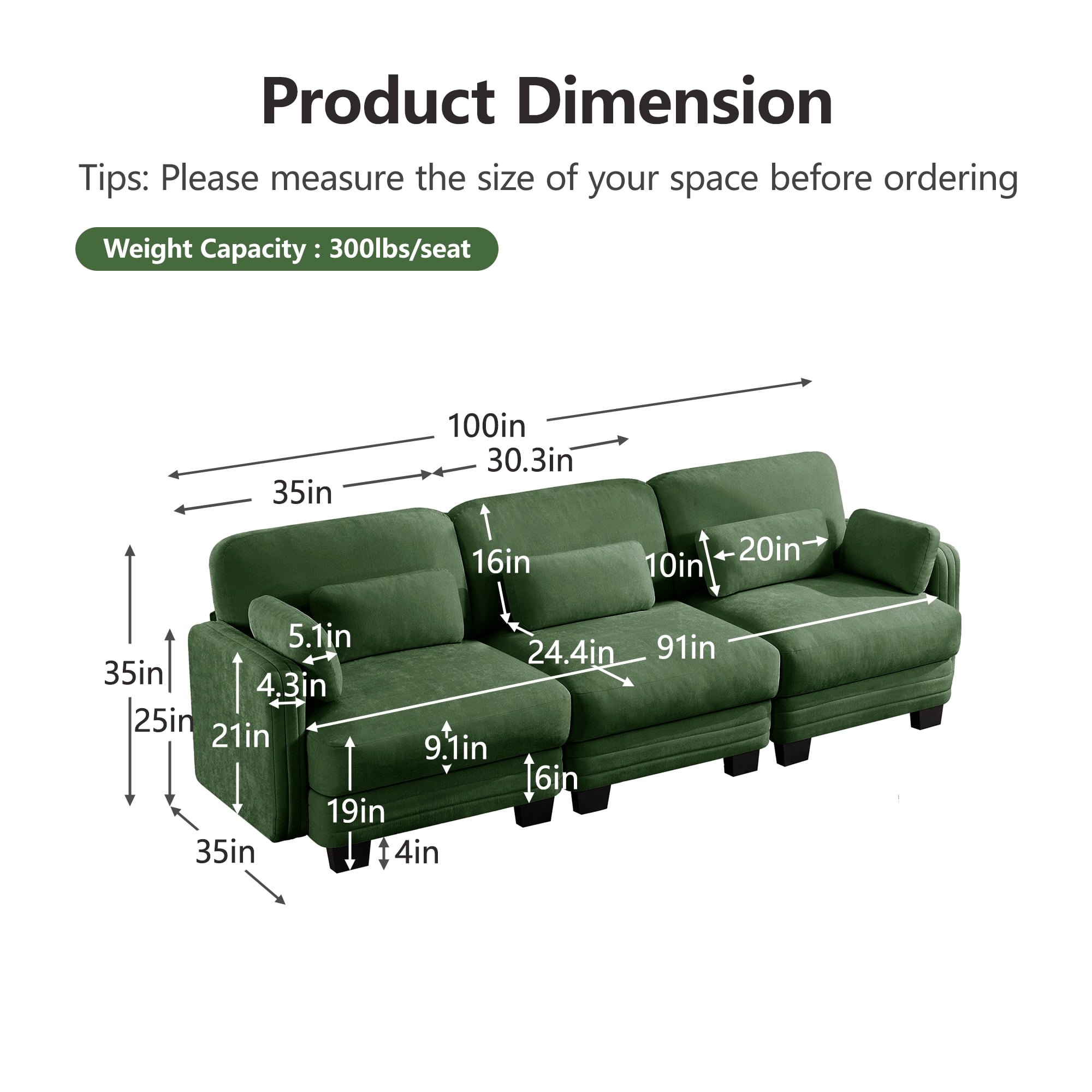 100" Modern Modular 3 Seater Sofa Couch with 5 Pillows