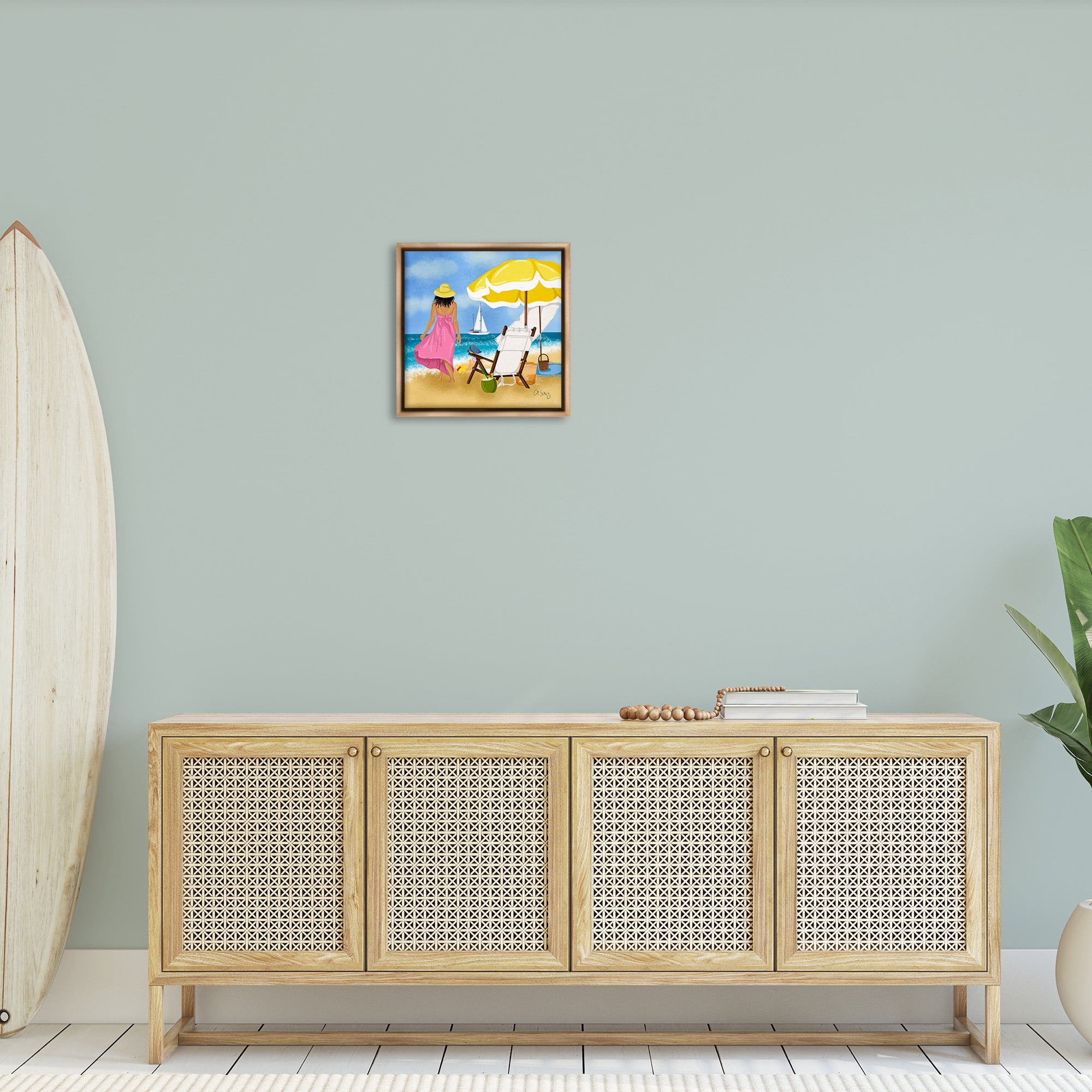 Stupell Industries Woman Strolling Beach Landscape Painting Brown Floater Framed Canvas Art Print Wall Art, 18 x 18