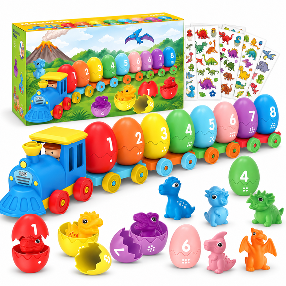 Maspost Dinosaur Number Train Toy 18 Piece Set, Toddler Learning Train with Number Eggs, Dinosaur Figures and 10 Sticker Sheets Ages 18 Months