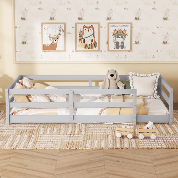 Sesslife Twin Size Floor Bed with Door and Fence, Wood Twin Floor Platform Bed with Slats, Toddler Bed for Kids Boys Girls, Montessori Bed, No Box Spring Needed, Grey
