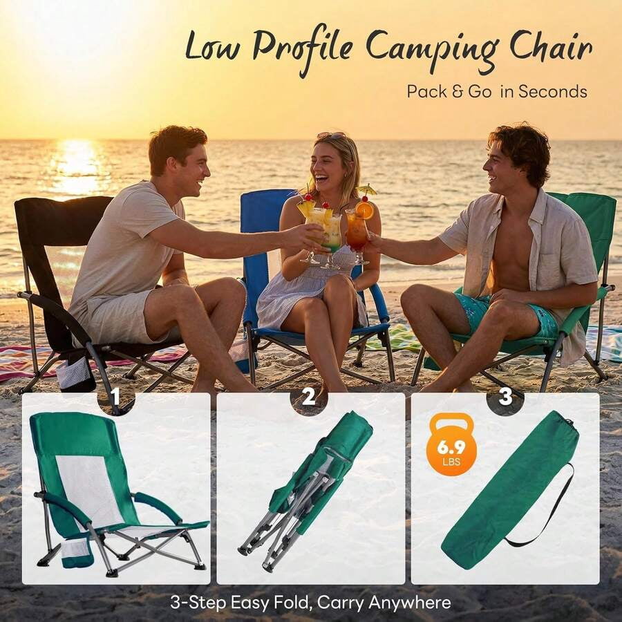 Low Beach Chair – Folding Camping Chair For Adults, Low Profile