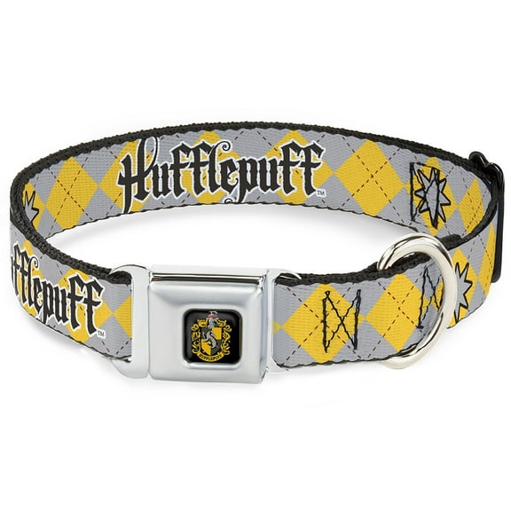 Warner Bros. Pet Collar, Dog Collar Metal Seatbelt Buckle, Harry Potter Hufflepuff Stars Argyle Plaid Gray Gold Browns, 9.5 to 13 Inches 1.0 Inch Wide