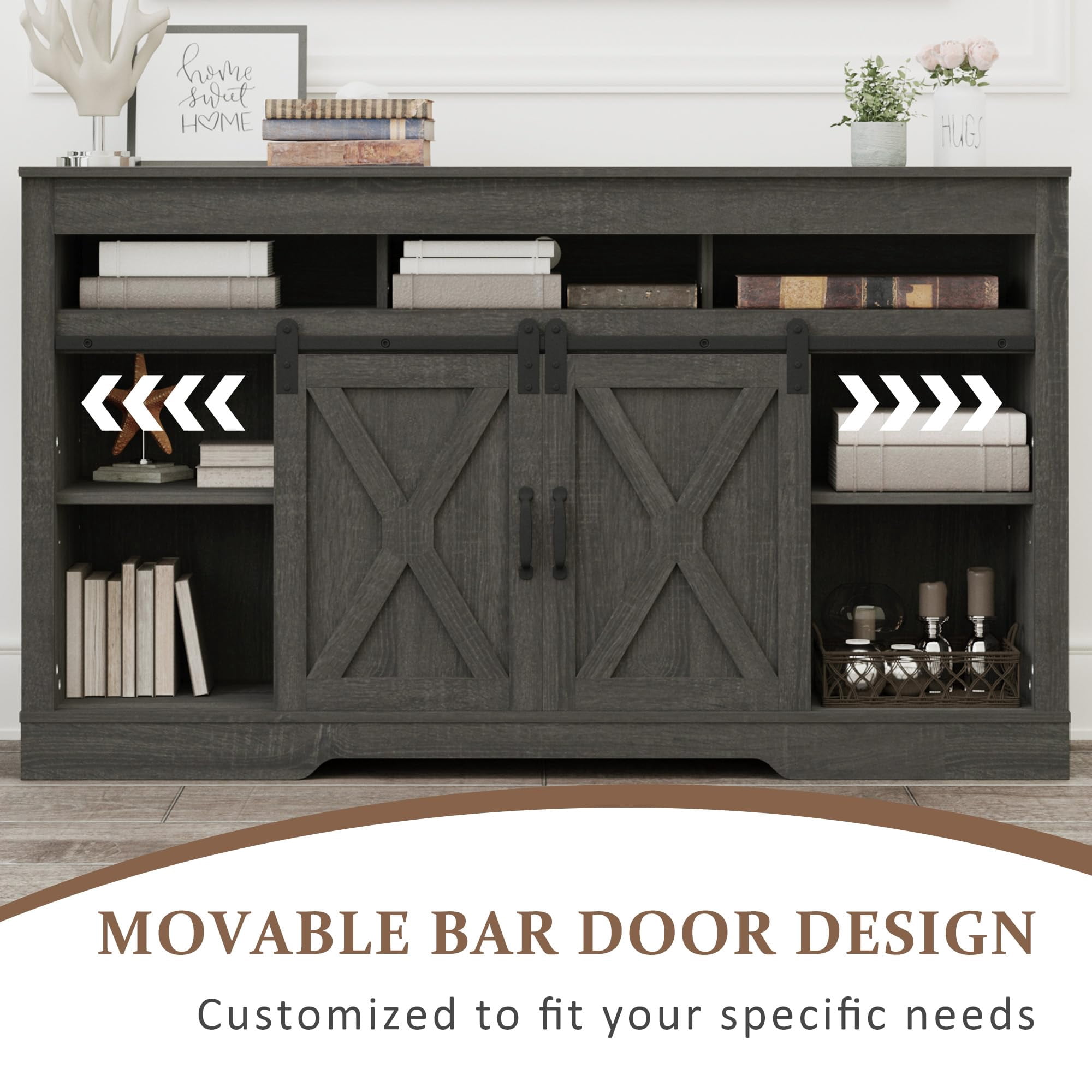 58 Inch Farmhouse TV Stand with Sliding Barn Doors, CARB P2 MDF Entertainment Center with Adjustable Shelves & Cable Holes, 300 LBS Weight Capacity Media Console for TVs Up to 65 Inch