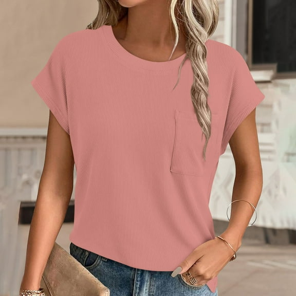 Blmnix Womens Tops Short Sleeve Fall Pink Vacation Casual Solid Ribbed Blouse Tops for Girl Trendy