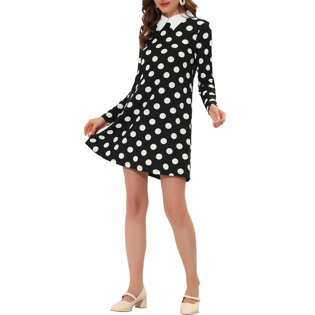INSPIRE CHIC Robe au-Dessus du Genou à Manches Longues et Col Contrasté pour Femmes TP à Pois Noirs