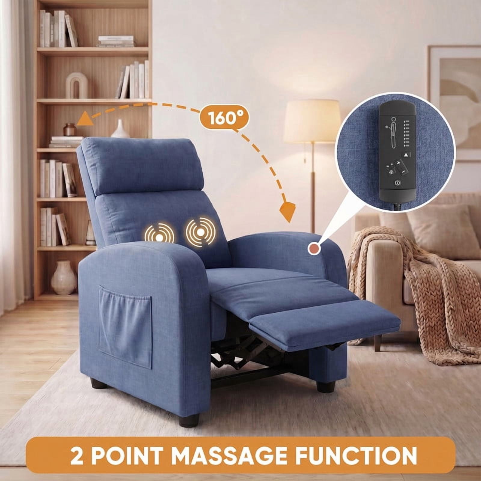 Vineego Massage Recliner Chair Small Places Single Sofa Adjustable Home Theater Seating with Side Pockets for Living Room,Linen Blue