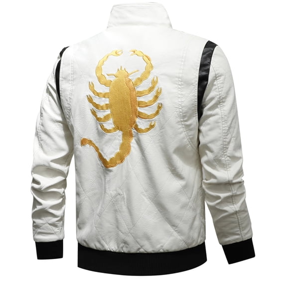 Men's color block PU leather jacket youth motorcycle embroidered jacket street wear stand-up collar design