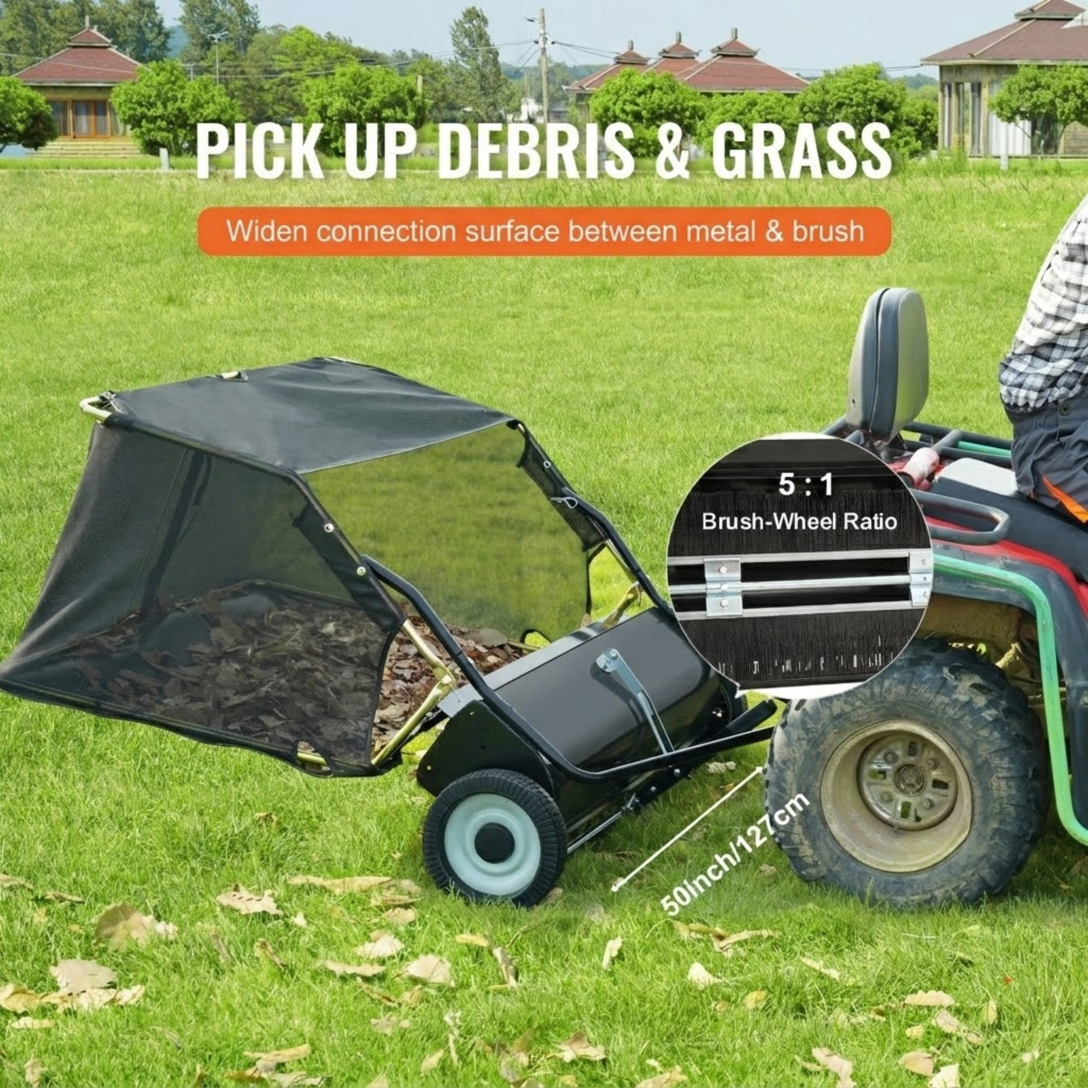 50" Tow Behind Lawn Sweeper, 26 cu. ft Large Capacity Pull Behind Leaf and Grass Collector with Adjustable Height, Heavy Duty