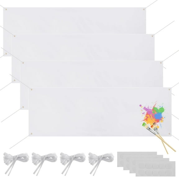 4 Pcs Large Blank Banners, 2×6 ft Customizable Fabric Graffitis for Art, White DIY Polyester Banners with Hanging Ropes & Stickers, Sublimation Banners for Indoor Outdoor Display