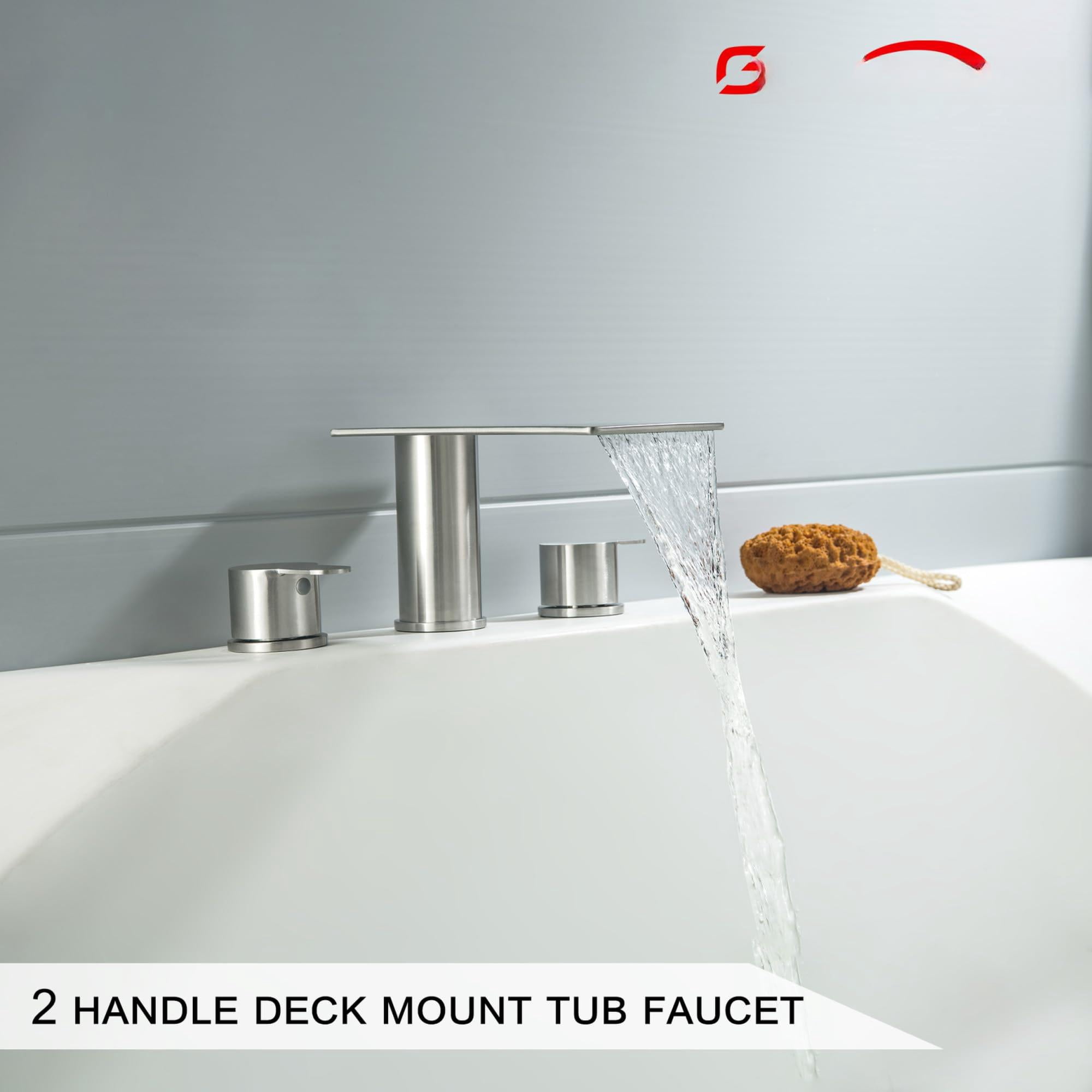 Roman Tub Faucet Brushed Nickel 3 Hole Waterfall Bathtub High Flow 2 Handle Bath Set