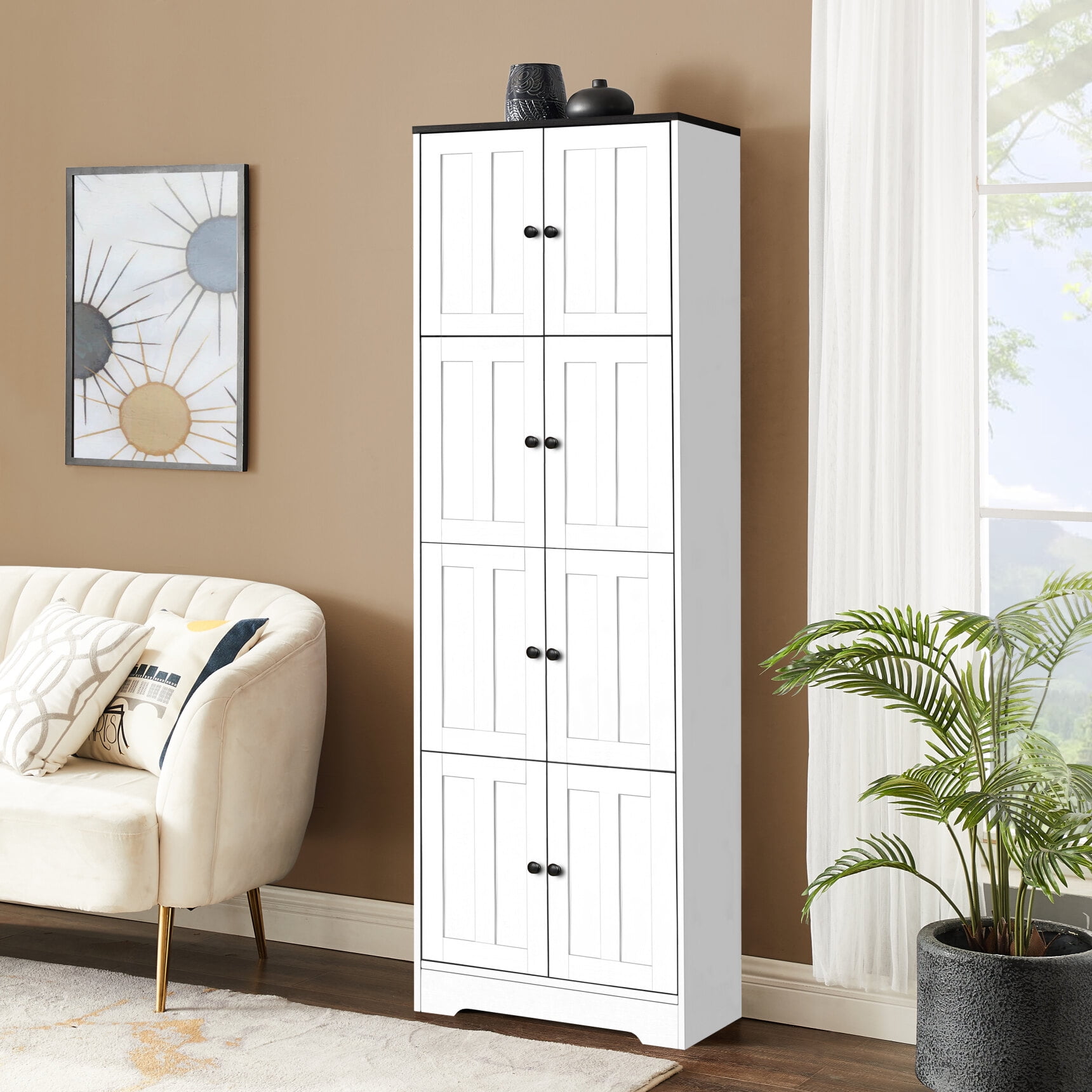 Tall Storage Cabinet with 4 Doors and 4 Shelves, Wall Storage Cabinet for Living Room Bedroom, White