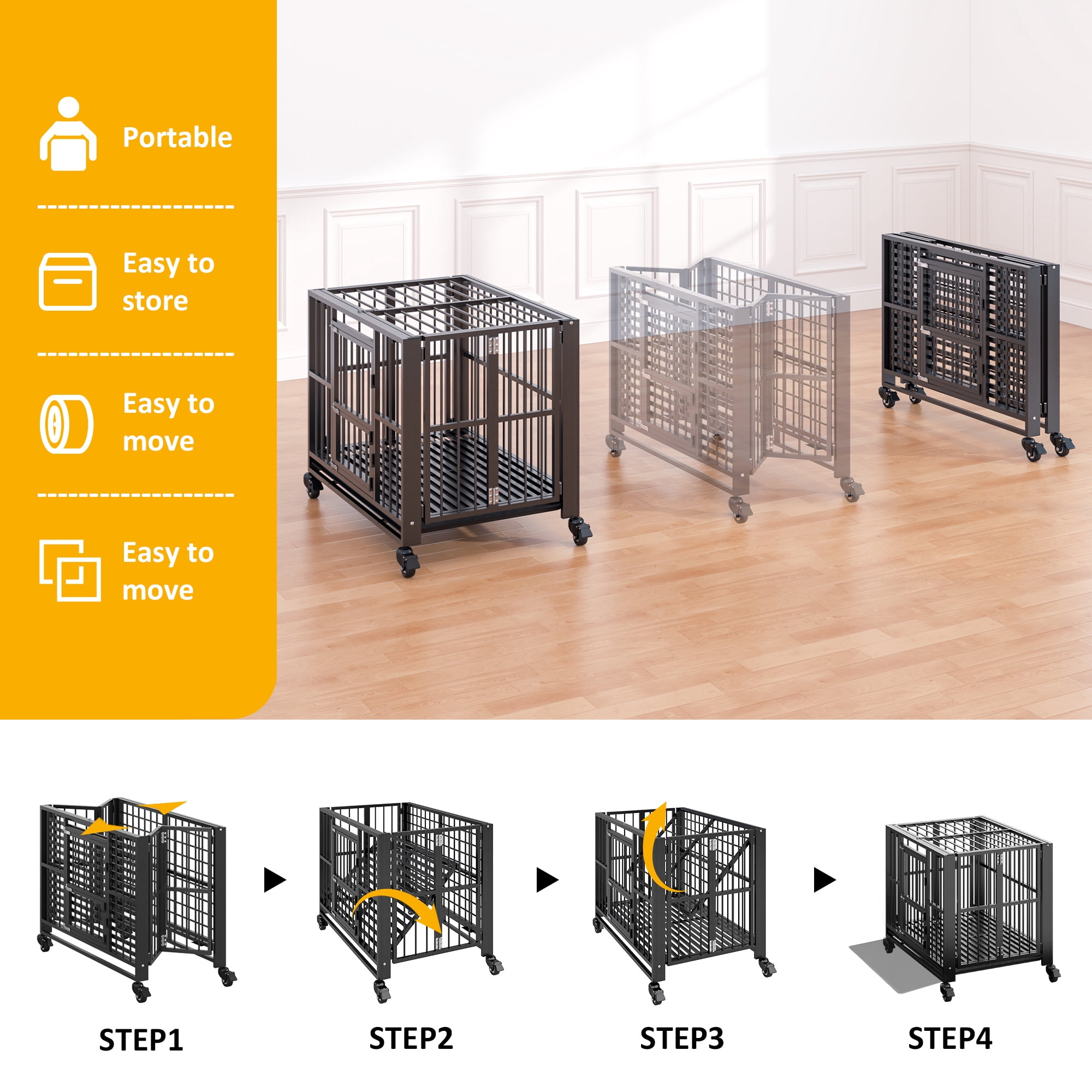 Betisef Heavy Duty Dog Crate, Folding Dog Kennel No Assembly with Lockable Wheels, Double Door Indoor/Outdoor
