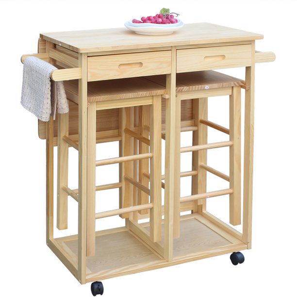 UWR-Nite 3Pcs Drop Leaf Table, Rolling Kitchen Cart, Kitchen Island ...