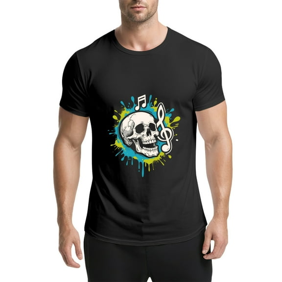Black T Shirts for Men, Skull,Music Note,Splatter Paint,Blue Green,Graphic Mens Graphic Tees, 25060617,S