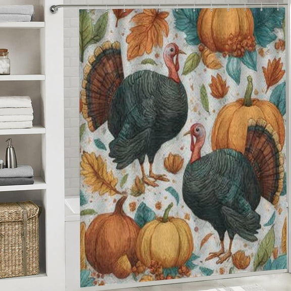 RKSupls Christmas Shower Curtain, Thanksgiving Turkey Shower Curtain with Hooks for Christmas Home Bathroom Decor Washable Curtains, 72x72 in