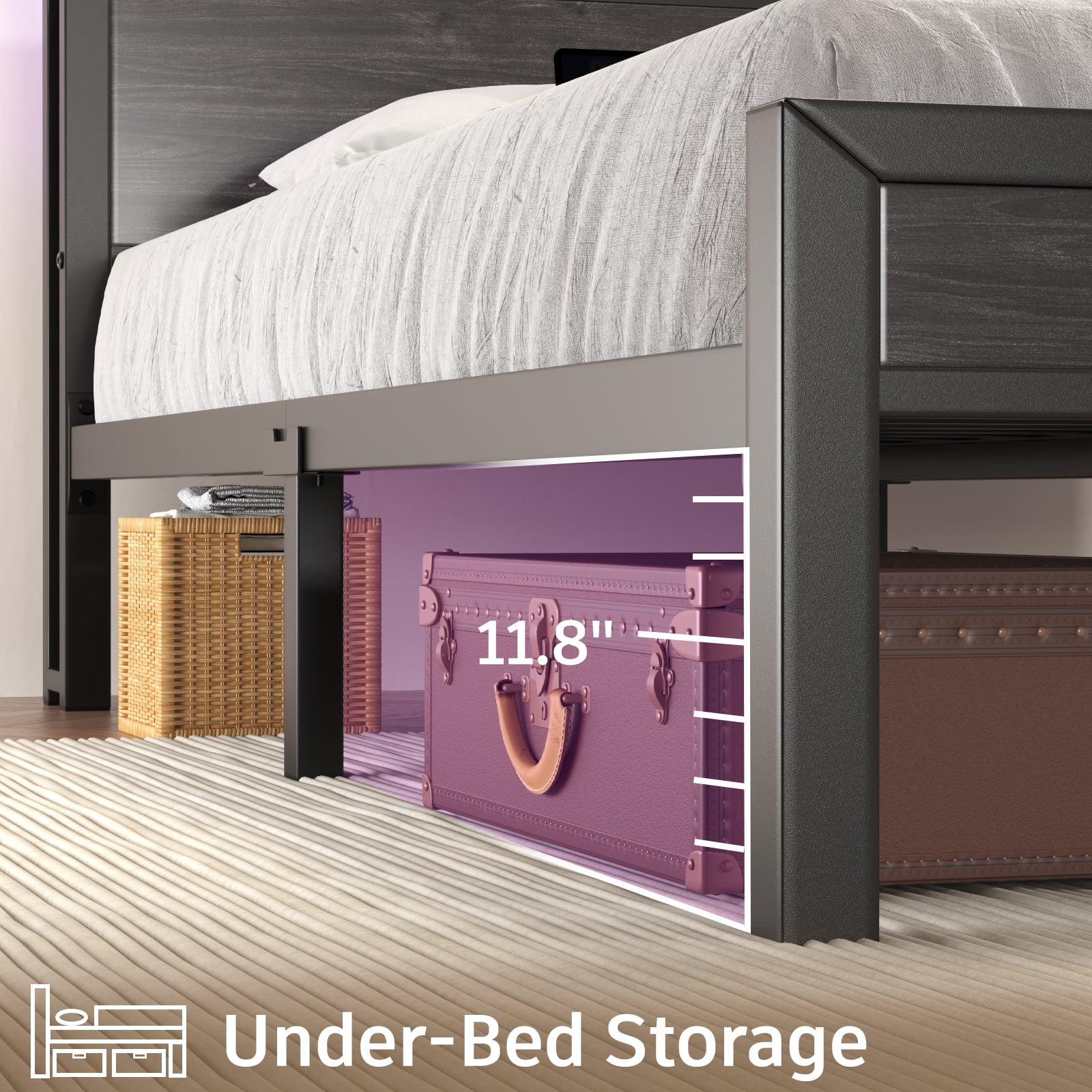 Queen Size Bed Frame with Storage Headboard, Metal Platform Bed with LED Lights & Charging Station, Heavy Duty Metal Slats, Black