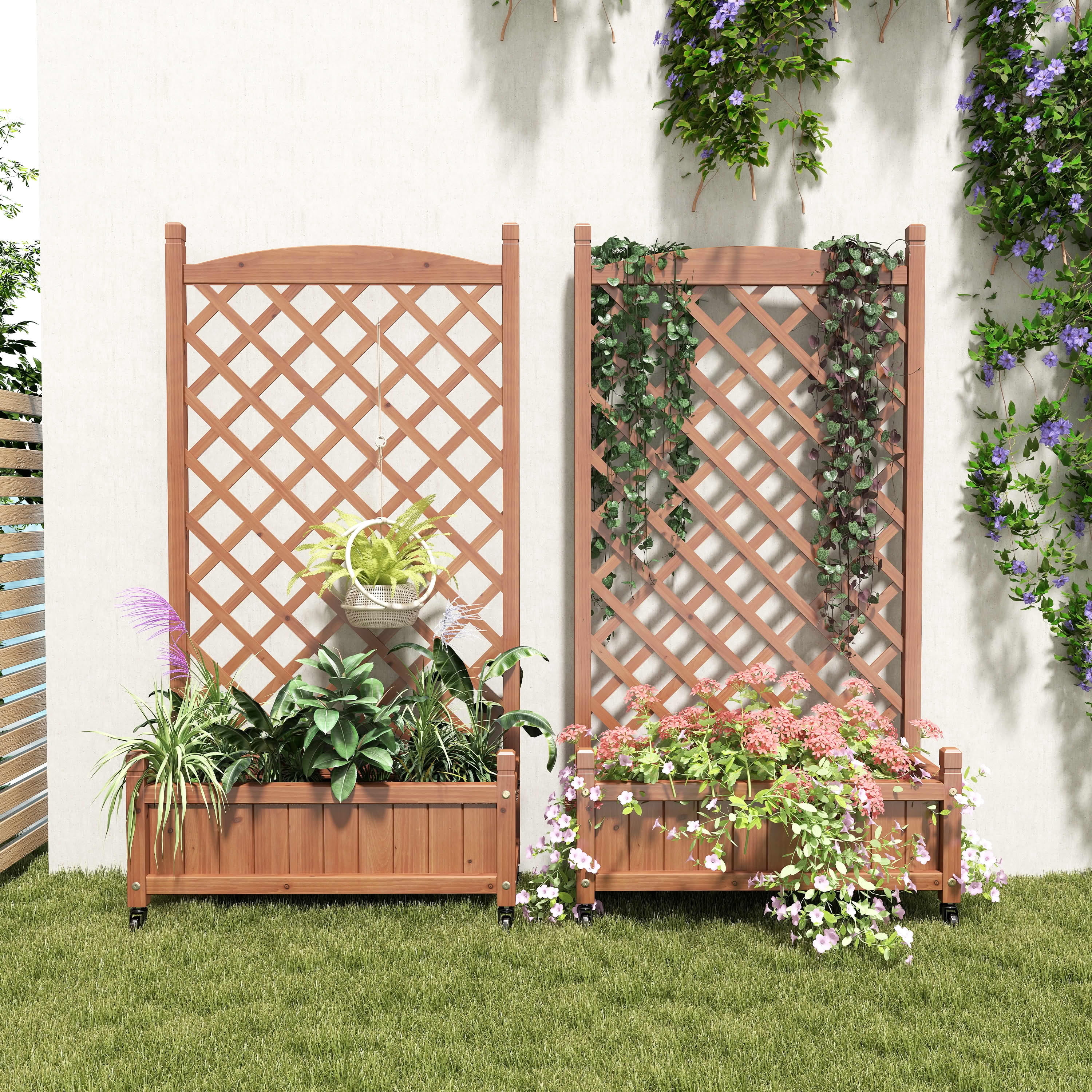 MAYEERTY 2-Pack Raised Garden Bed with Trellis, 11x25x42" Wooden Planter Box w/ Wheels Drainage for Climbing Plant
